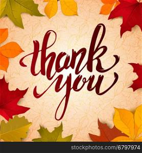 Thank You. Hand drawn lettering on light background yellow autumn leaves. Design elements for greeting card, flyer, poster. Vector illustration.