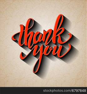 Thank You. Hand drawn lettering with shadow effect on background with autumn leaves in line style. Element for greeting card, poster. Vector illustration.