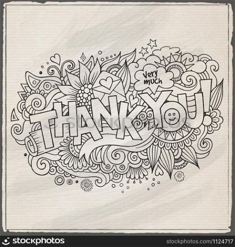 Thank You hand lettering and doodles elements background. Vector illustration. Thank You hand lettering and doodles elements background