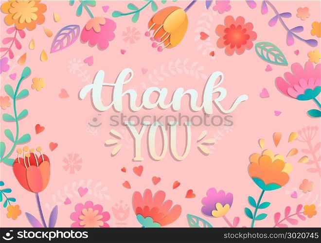 Thank You handwritten lettering with flowers.. Thank You handwritten lettering surrounded by flowers. Vector illustration of hand drawn lettering.