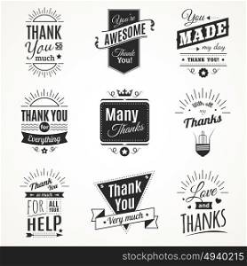 Thank You Monochrome Isolated Signs. Monochrome collection of nine vintage thank you signs with sun light elements in retro font style isolated vector illustration