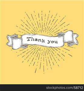 Thank you! Thank you text on vintage hand drawn ribbon. Graphic art design on yellow background.