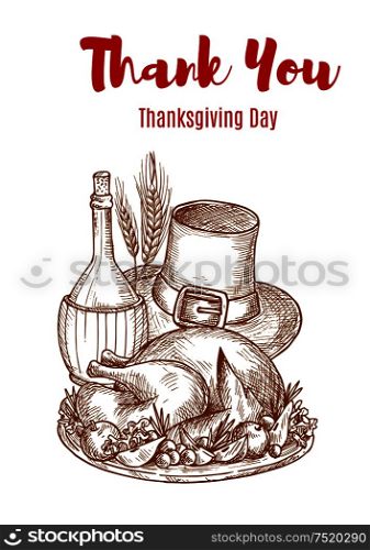 Thank You Thanksgiving greeting card sketch. Traditional thanksgiving holiday celebration meal elements of roasted tasty turkey chicken, wine bottle, pilgrim hat. Thank you text. Thank You Thanksgiving greeting card sketch