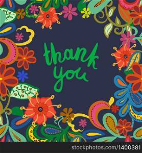 Thank you - vector phrase isolated on floral background. Lettering for posters, cards design.. Thank you - vector phrase isolated on floral background.