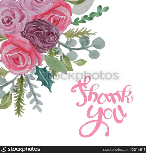 Thank you watercolor pink rose banner art design stock vector illustration