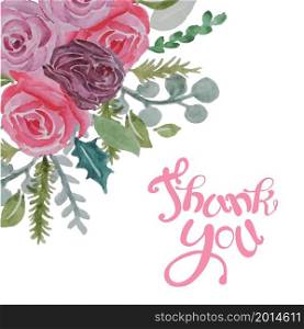 Thank you watercolor pink rose banner art design stock vector illustration