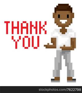 Thank you web page of pixel game, portrait and full length view of smiling pixelated man, male character shooting, geometric and retro platform, interface vector. Interface of Pixel Game, Man with Dark Skin Vector