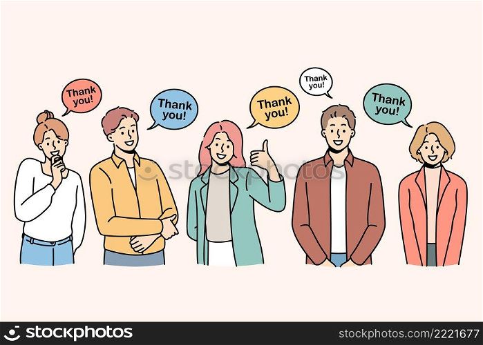 Thankfulness and feeling grateful concept. Group of young positive people standing and pointing and signs with thank you lettering feeling gratefulness vector illustration . Thankfulness and feeling grateful concept.