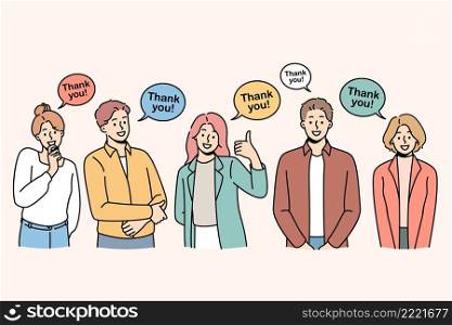 Thankfulness and feeling grateful concept. Group of young positive people standing and pointing and signs with thank you lettering feeling gratefulness vector illustration . Thankfulness and feeling grateful concept.