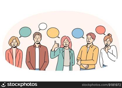 Thankfulness and feeling grateful concept. Group of young positive people standing and pointing and signs with thank you lettering feeling gratefulness vector illustration. Thankfulness and feeling grateful concept.