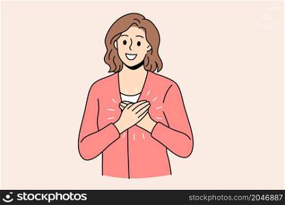 Thankfulness and positive emotions concept. Young smiling female wearing red jacket standing with crossed hands on breast feeling thankful vector illustration . Thankfulness and positive emotions concept
