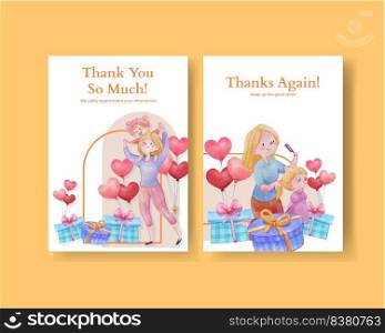 Thanks card template with love supermom concept,watercolor style 