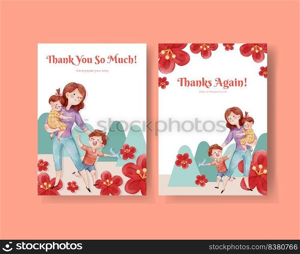 Thanks card template with love supermom concept,watercolor style
