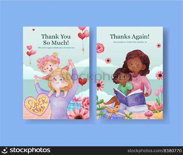 Thanks card template with love supermom concept,watercolor style 