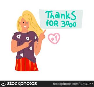 Thanks for 3000. Blogger doodle happy character. Vector subscribe likes concept. Thanks for 3000. Blogger doodle happy character. Vector subscribe concept