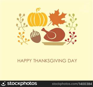 Thanksgiving autumn background vector illustration. Holiday elements - turkey, pumpkin, maple leaf, acorn and berry branch.. Thanksgiving autumn background vector illustration