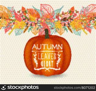 Thanksgiving. Background of stylized autumn leaves and pumpkin for greeting card