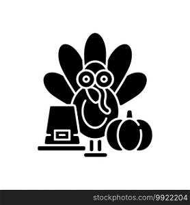 Thanksgiving black glyph icon. Festive occasion. Traditional family party. Seasonal gathering. Poultry, turkey, fowl for holiday dinner. Silhouette symbol on white space. Vector isolated illustration. Thanksgiving black glyph icon
