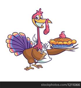 Thanksgiving Cartoon Turkey bird holding fork and pie isolated. Vector illustration of funny turkey character clipart