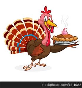 Thanksgiving Cartoon Turkey bird holding fork and pie. Vector illustration of funny turkey character clipart