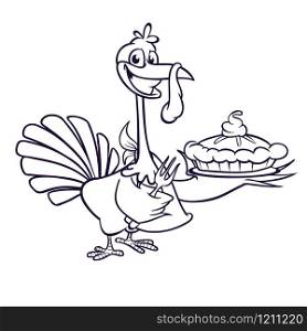 Thanksgiving Cartoon Turkey holding fork and pie isolated. Vector illustration of funny turkey wearing pilgrim hat for coloring book