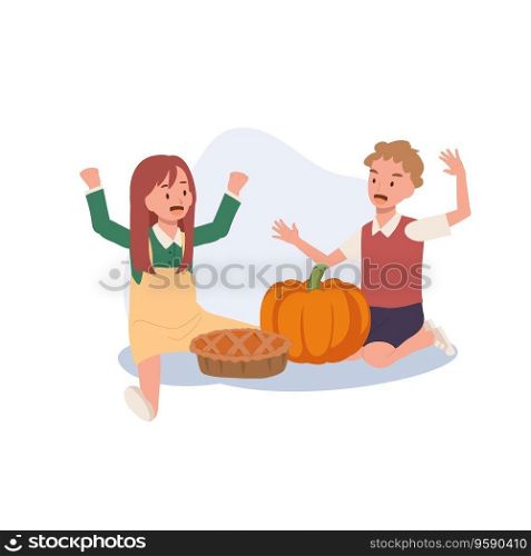 Thanksgiving Celebration with Adorable Kids. Cute Little Boy and Girl Enjoy Thanksgiving Day with Pumpkin Pie