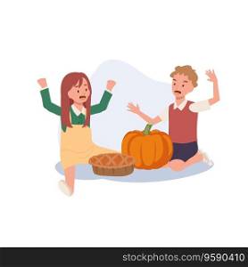 Thanksgiving Celebration with Adorable Kids. Cute Little Boy and Girl Enjoy Thanksgiving Day with Pumpkin Pie