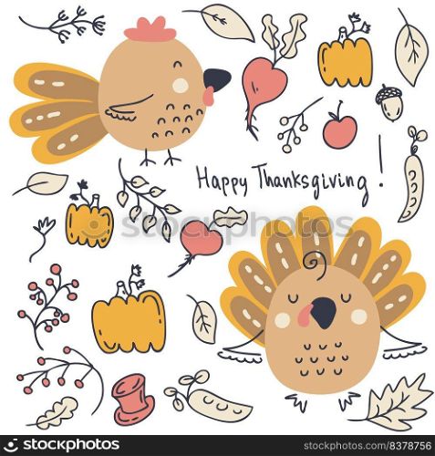 Thanksgiving collection of turkeys, roosters, pumpkins and autumn leaves. Perfect for T-shirt, postcard, textile and print. Doodle vector illustration for decor and design.
