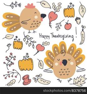 Thanksgiving collection of turkeys, roosters, pumpkins and autumn leaves. Perfect for T-shirt, postcard, textile and print. Doodle vector illustration for decor and design.