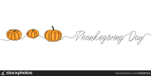 Thanksgiving Day continuous one line drawing background with pumpkins. Vector illustration for design poster, banner, flyer.
