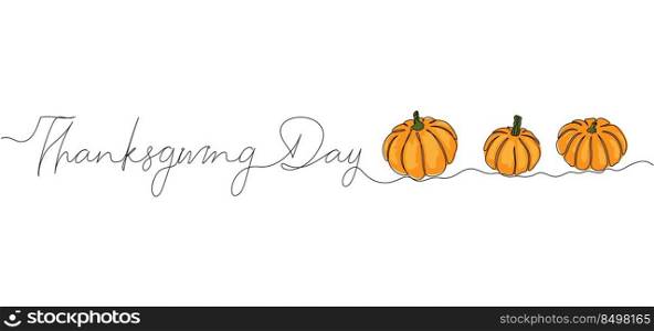 Thanksgiving Day continuous one line drawing background with pumpkins. Vector illustration for design poster, banner, flyer.