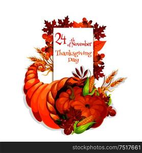 Thanksgiving Day cornucopia design for celebration greeting and invitation card, banner for thanksgiving traditional family dinner. Cornucopia harvest abundance background. Thanksgiving Day greeting cornucopia design