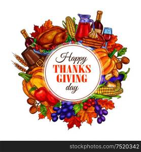 Thanksgiving Day decoration design. Vector round sticker for thanksgiving greeting card. Circle framed with decoration of traditional thanksgiving celebration turkey, harvest vegetables on white background. Thanksgiving Day decoration design