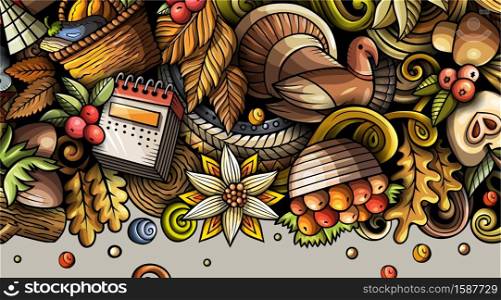 Thanksgiving day doodle banner design. Cartoon background. Harvest flyer template. Color vector celebration illustration. Thanksgiving day doodle illustration