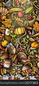 Thanksgiving day doodle banner design. Cartoon background. Harvest flyer template. Color vector celebration illustration. Thanksgiving day doodle illustration