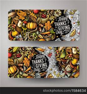 Thanksgiving day doodle banners design. Cartoon background. Harvest flyers templates. Color vector celebration illustrations. Cartoon cute colorful vector hand drawn doodles Thanksgiving banners