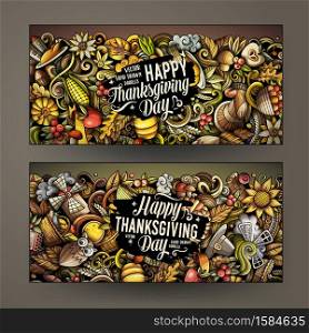 Thanksgiving day doodle banners design. Cartoon background. Harvest flyers templates. Color vector celebration illustrations. Cartoon cute colorful vector hand drawn doodles Thanksgiving banners