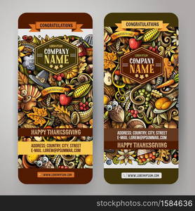 Thanksgiving day doodle banners design. Cartoon background. Harvest flyers templates. Color vector celebration illustrations. Cartoon cute colorful vector hand drawn doodles Thanksgiving banners