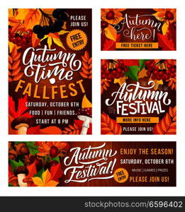 Thanksgiving Day fall fest invitation posters for traditional holiday festival celebration. Vector design of autumn vegetables and fruits harvest with maple leaf and berries. Vector Thanksgiving Day fest posters and banners