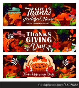 Thanksgiving Day festive card with autumn harvest pumpkin and turkey on wooden background. Cornucopia with vegetable, fruit and pie, adorned by ribbon banner with november holiday greeting wishes. Thanksgiving Day banner for autumn harvest holiday