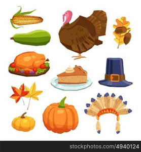 Thanksgiving day flat icons set with traditional holiday symbols isolated vector illustration. Thanksgiving Day Set