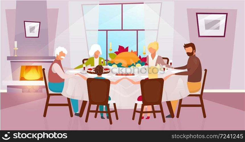 Thanksgiving day flat vector illustration. Annual autumn holiday in United States. Grateful meal. Celebrating harvest together with grandparents. Family dinner with turkey cartoon characters. Thanksgiving day flat vector illustration
