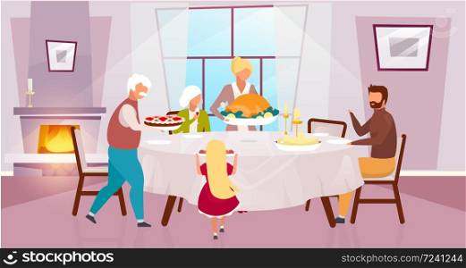 Thanksgiving day flat vector illustration. National holiday in United States. Grateful meal. Celebrating harvest together with grandparents. Family dinner with turkey cartoon characters. Thanksgiving day flat vector illustration