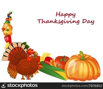 Thanksgiving day greeting card. Design consist from pumpkin, pepper, tomato, apple, grape, corn, oak leaves, acorns and turkey on white background. Very cute and warm colors. Vector illustration.