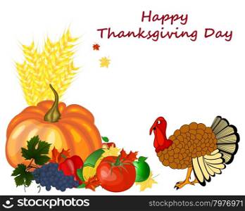 Thanksgiving day greeting card. Design consist from pumpkin, pepper, tomato, apple, grape, corn, maple leaves and turkey on white background. Very cute and warm colors. Vector illustration.