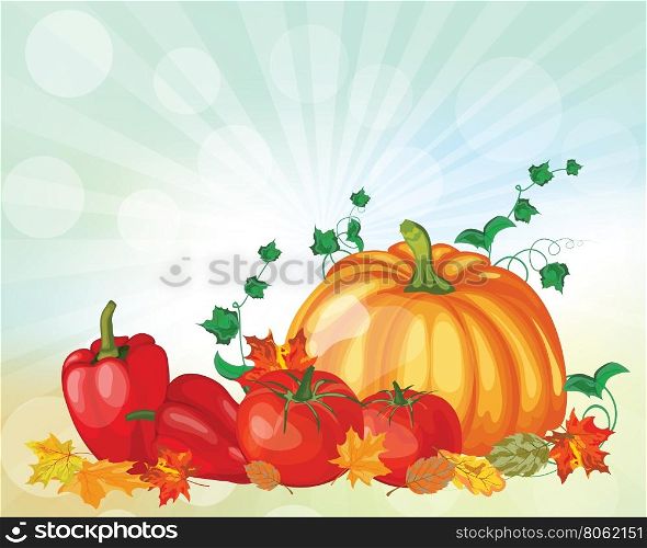 Thanksgiving Day Greeting Card. Design Consist From Pumpkin, Pepper, Tomato, Maple Leaves Over Autumn Sky With Sun Rays and Flares. Very Cute and Warm Colors. Vector illustration.