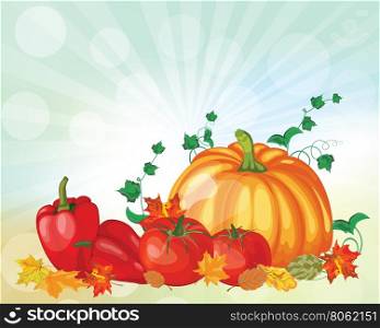 Thanksgiving Day Greeting Card. Design Consist From Pumpkin, Pepper, Tomato, Maple Leaves Over Autumn Sky With Sun Rays and Flares. Very Cute and Warm Colors. Vector illustration.