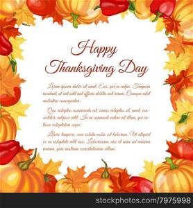 Thanksgiving Day Greeting Card With Text Space. Design Consist From Pumpkin, Pepper, Tomato, Maple Leaves Over White Background. Very Cute and Warm Colors. Vector illustration.