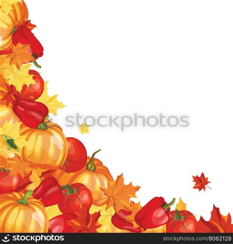 Thanksgiving Day Greeting Card With Text Space. Design Consist From Pumpkin, Pepper, Tomato, Maple Leaves Over White Background. Very Cute and Warm Colors. Vector illustration.
