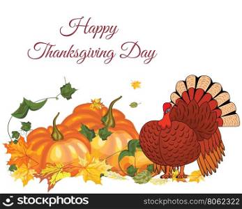 Thanksgiving Day Greeting Card With Text Space. Design Consist From Pumpkin, Turkey, Tomato, Maple Leaves Over White Background. Very Cute and Warm Colors. Vector illustration.